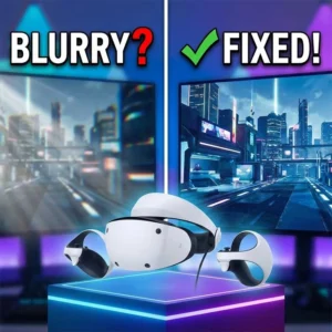 Split-screen comparison: Left side shows blurry PSVR2 visuals due to missed "sweet spot," Right side shows crystal clear 4K visuals after fixing the fit.