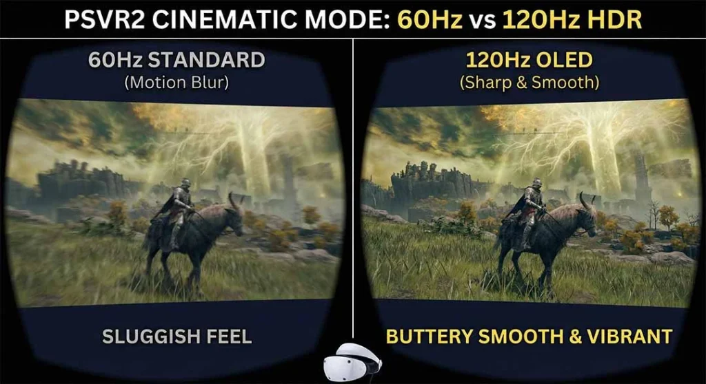 How to Master PSVR2 Cinematic Mode: 120Hz, HDR & Fixing Blurry Text 1 Comparison of PSVR2 Cinematic Mode 60Hz motion blur versus 120Hz HDR sharpness in non-VR games.