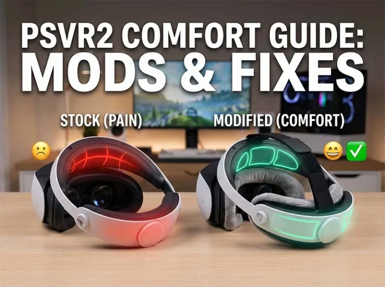 PSVR2 Comfort Guide cover image comparing a painful stock headset with red warning zones versus a comfortable modified headset with green safe zones.