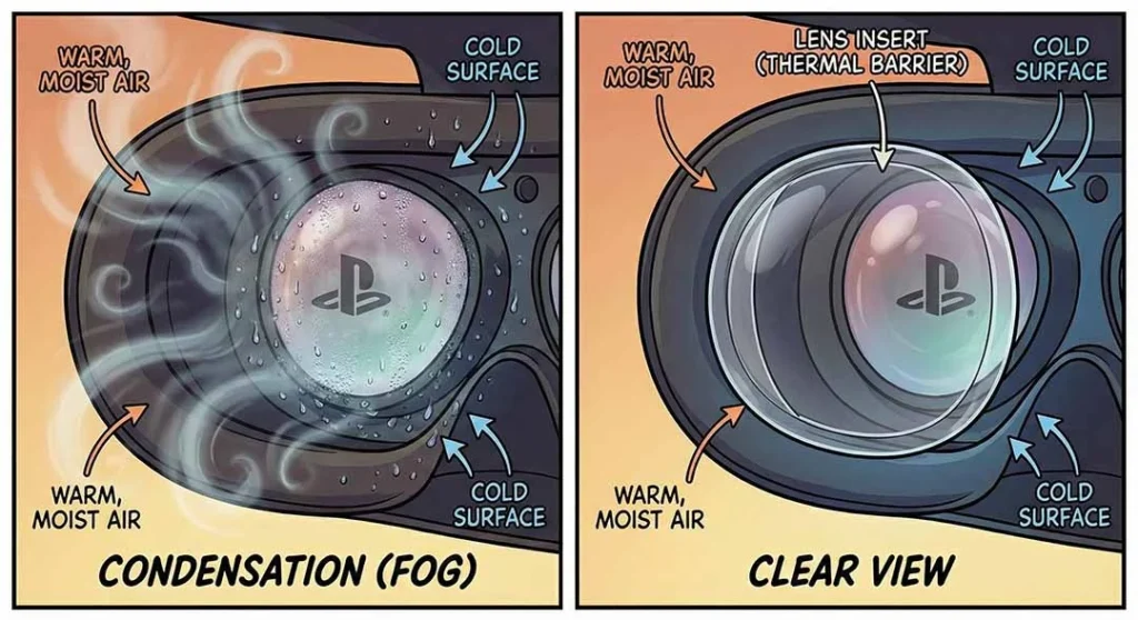 Diagram showing condensation forming on a cold PSVR2 lens versus a clear view with a lens insert acting as a thermal barrier.