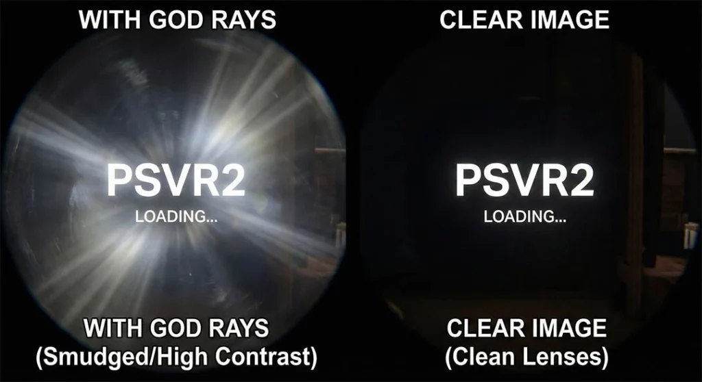 Comparison split-screen showing severe God Rays and glare on PSVR2 lenses (left) versus a clear image with minimized glare (right).