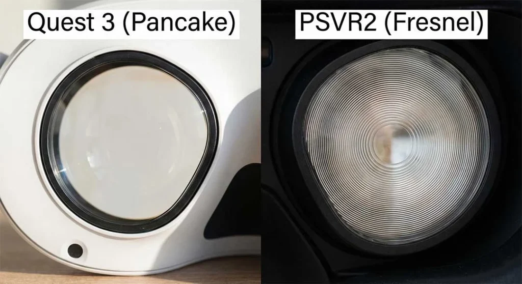 Side-by-side comparison diagram showing Quest 3 Pancake lenses structure versus PSVR2 Fresnel lenses ridges.