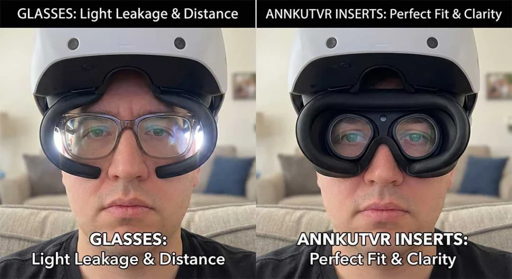 Split screen showing a PSVR2 user wearing glasses with light leakage versus a user with ANNKUTVR magnetic inserts fitting perfectly.