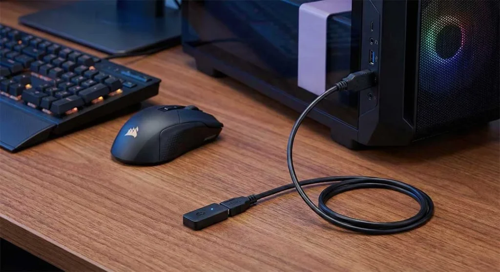 PSVR2 PC adapter setup using a USB extension cable to prevent Bluetooth interference.