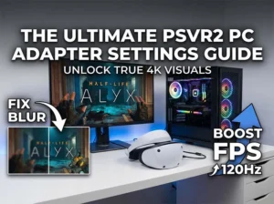 PSVR2 PC adapter guide cover showing a gaming PC setup running Half-Life Alyx with text overlays 'Fix Blur' and 'Boost FPS'.