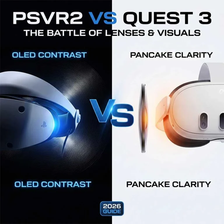 PSVR2 vs Meta Quest 3 headset battle visuals highlighting Fresnel and Pancake lens differences