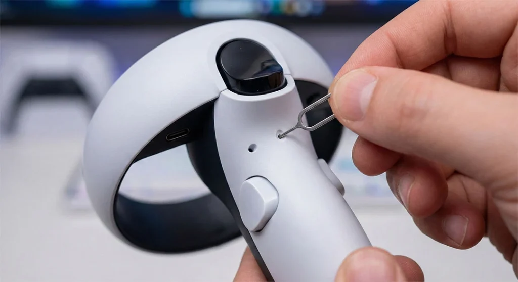 Resetting PSVR2 Sense controller via the pinhole button to fix tracking issues.