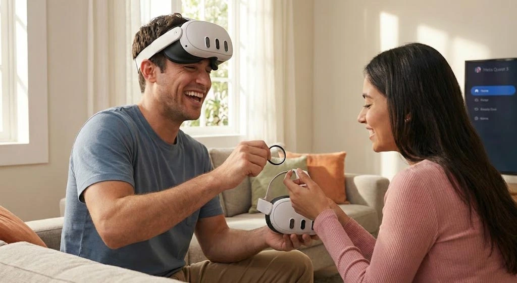 Friends sharing a Meta Quest 3 headset by easily swapping magnetic prescription lenses.