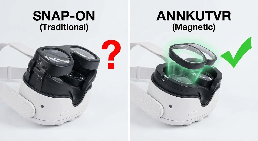 Comparison of snap-on vs magnetic prescription lenses for Meta Quest 3.