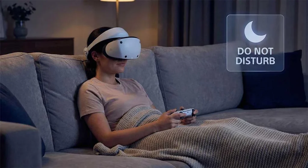 How to Master PSVR2 Cinematic Mode: 120Hz, HDR & Fixing Blurry Text 3 User relaxing on a sofa wearing PSVR2 headset to watch movies in Cinematic Mode with Do Not Disturb overlay.