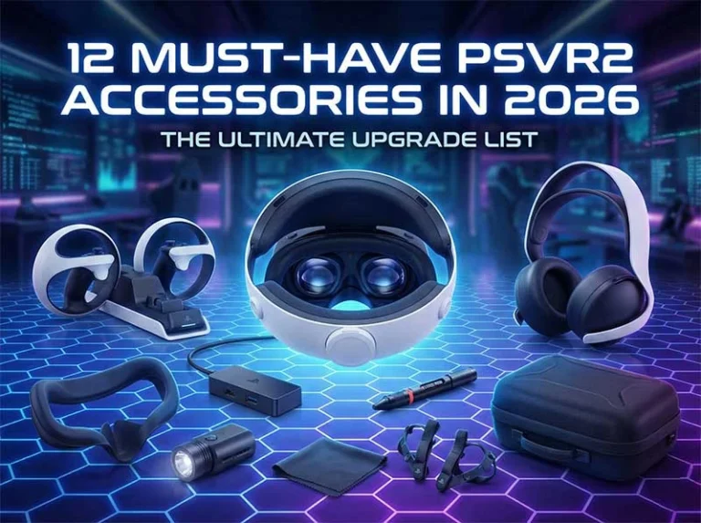 Cover art for 12 Must-Have PSVR2 Accessories 2026 article, displaying a PSVR2 headset surrounded by essential upgrades like prescription lenses, PC adapter, and comfort mods.