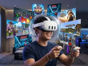 A gamer exploring the best games for Meta Quest 3, including top mixed reality games and free VR titles.