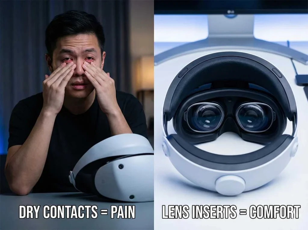 Why Do My Eyes Hurt in VR with Contacts? (And How to Fix It) 2 Comparison of dry eyes from contacts vs comfortable VR prescription lenses.