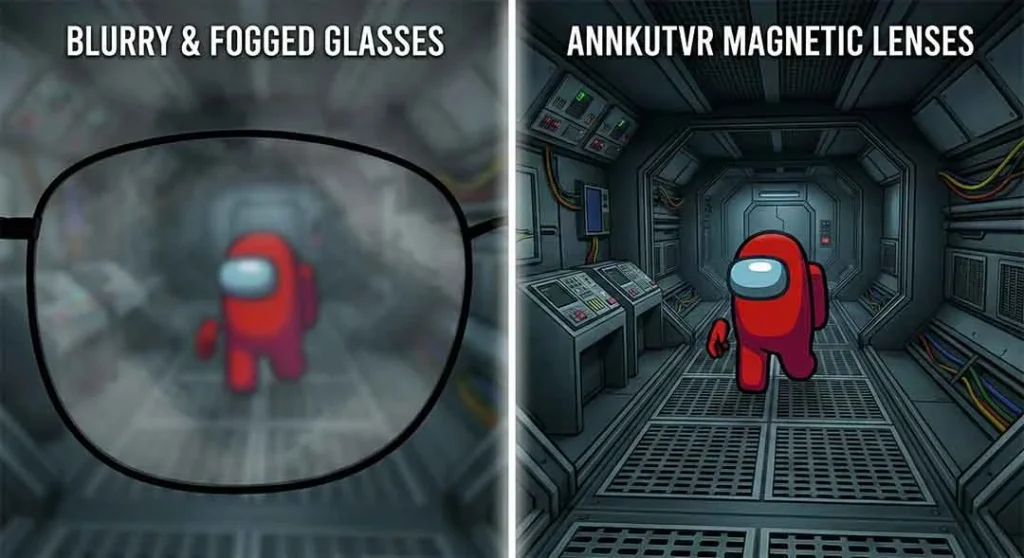 Exploring custom VRChat worlds and playing amoung us vr clearly with ANNKUTVR magnetic lenses.