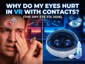 Cover art for 'Why Do My Eyes Hurt in VR with Contacts' guide, featuring a user with red irritated eyes and a PSVR2 headset with prescription lens inserts.