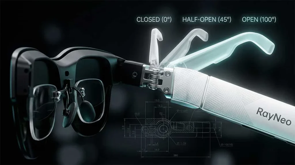 Side profile of the AR smart glasses hinge showing three transparent phantom silhouettes of the temple arm fanning out at different angles.