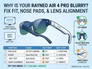 RayNeo Air 4 Pro smart glasses next to a troubleshooting checklist for fit, nose pads, and temple angles.