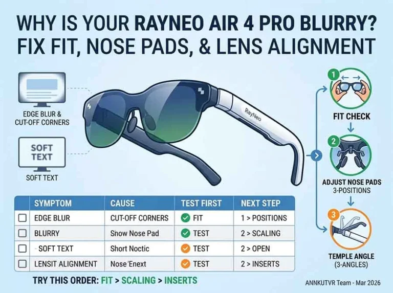 Why Does RayNeo Air 4 Pro Look Blurry? Fix Fit, Nose Pads, and Lens Alignment 8 RayNeo Air 4 Pro smart glasses next to a troubleshooting checklist for fit, nose pads, and temple angles.