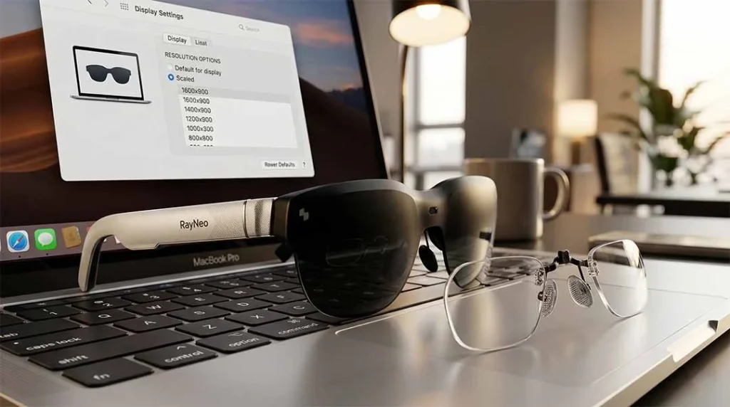 Black AR smart glasses resting on a silver laptop keyboard with a macOS display settings window visible in the background.