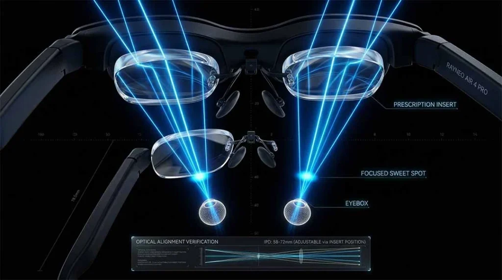 Brilliant blue light rays passing through thick curved AR lenses and converging into a precise sweet spot above two wireframe eye models.