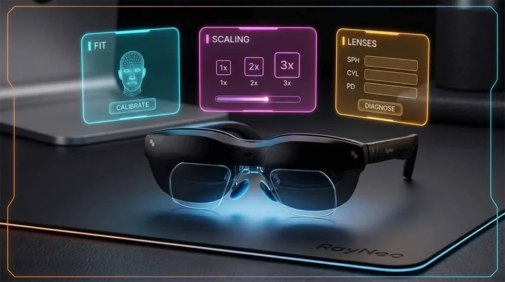 Sleek black AR smart glasses resting on a dark desk with glowing holographic UI panels displaying Fit, Scaling, and Lenses troubleshooting steps.