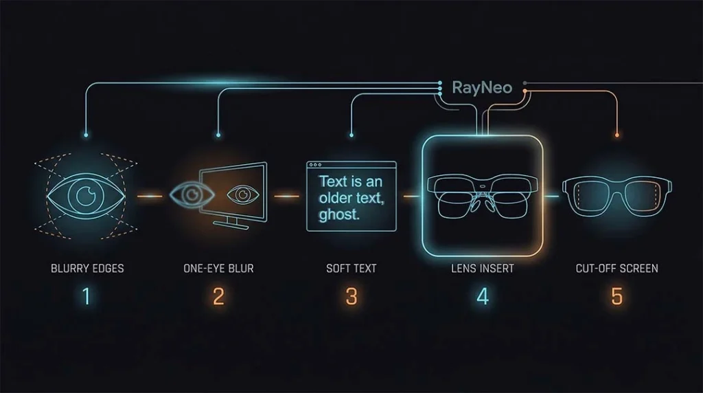 Five glowing wireframe icons representing visual symptoms including blurry edges, one-eye blur, soft text, lens inserts, and cut-off screens.