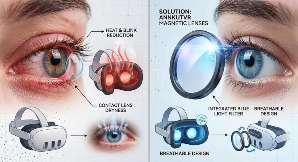 Why Does Meta Quest 3 Give Me Eye Strain & Headaches? (The Ultimate Fix) 2 Replacing contact lenses with ANNKUTVR prescription lenses to prevent dry eyes in VR.