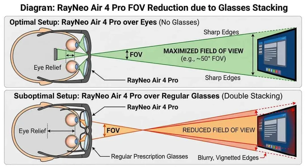 RayNeo Air 4 Pro Prescription Lenses vs Wearing Glasses: Which Is Better for AR Comfort? 1 Diagram showing FOV reduction when wearing regular glasses under RayNeo Air 4 Pro.