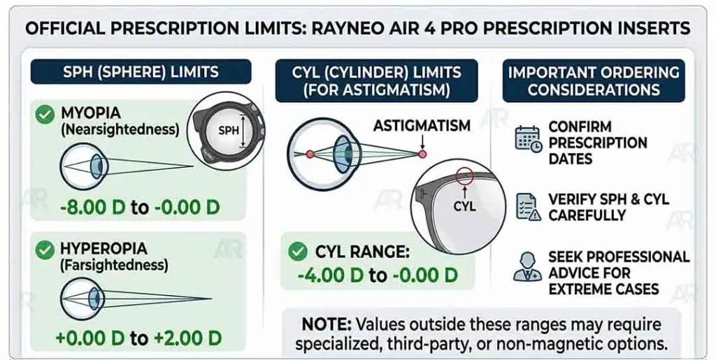 Official prescription range for RayNeo Air 4 Pro prescription lenses