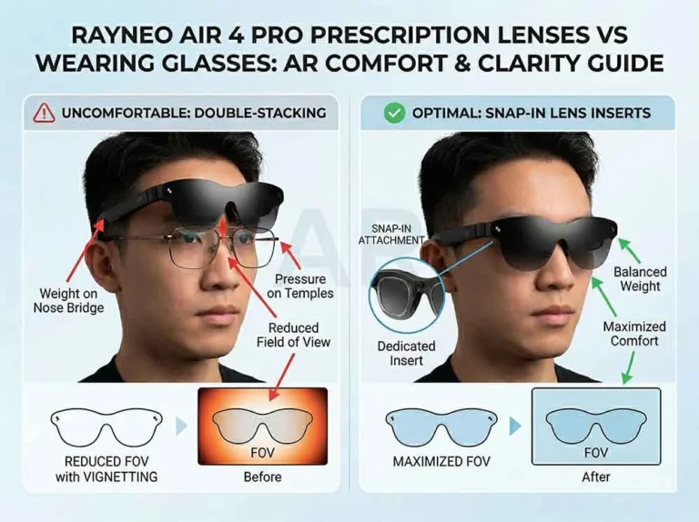 What to Compare Before Buying RayNeo Air 4 Pro Prescription Lenses 5 RayNeo Air 4 Pro prescription lens buying and comfort guide: Comparing double-stacking regular glasses vs. dedicated snap-in inserts.