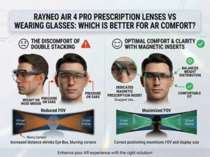Side-by-side comparison showing the discomfort and reduced field of view when wearing RayNeo Air 4 Pro over regular glasses, compared to the optimal comfort, balanced weight, and maximized clarity of using dedicated magnetic prescription inserts.