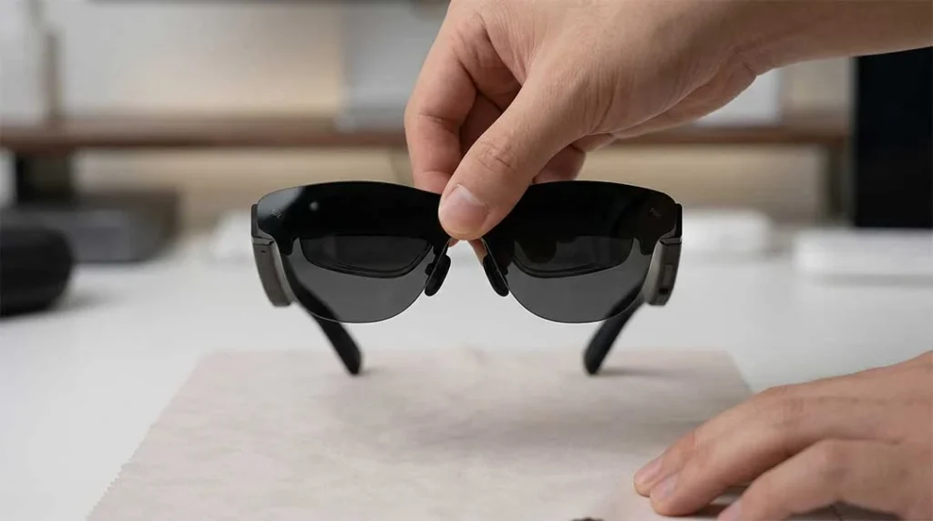 Safe handling of RayNeo Air 4 Pro AR glasses holding the center frame bridge