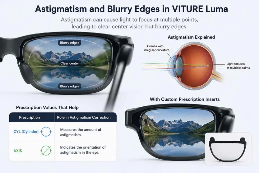 The Ultimate Guide to VITURE Luma Prescription Lenses 2 Diagram showing how astigmatism may contribute to blurry edges in VITURE Luma XR glasses.