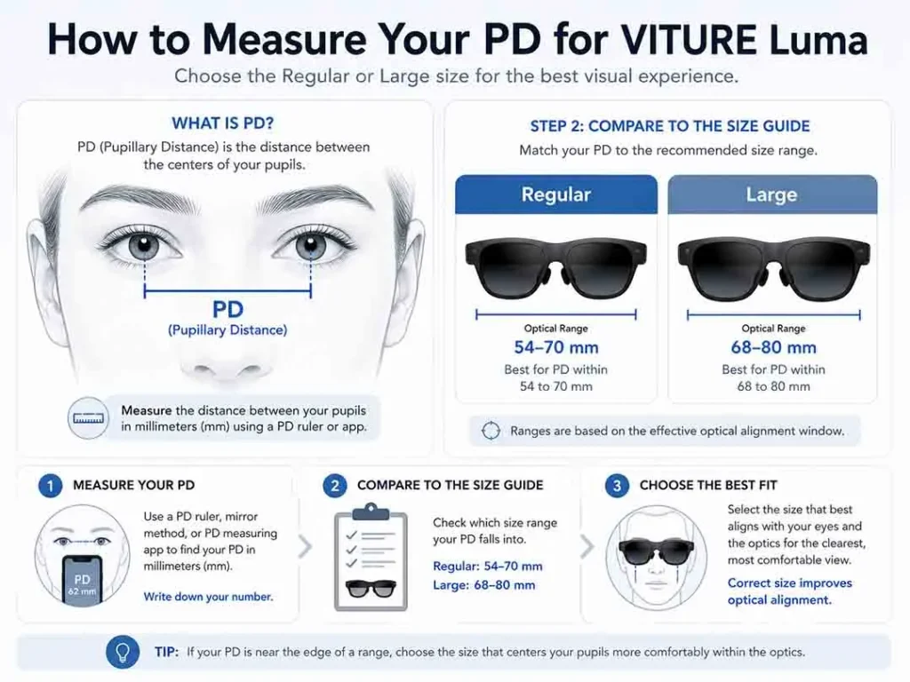 The Ultimate Guide to VITURE Luma Prescription Lenses 5 Diagram showing how to measure pupillary distance for VITURE Luma Regular and Large sizes.