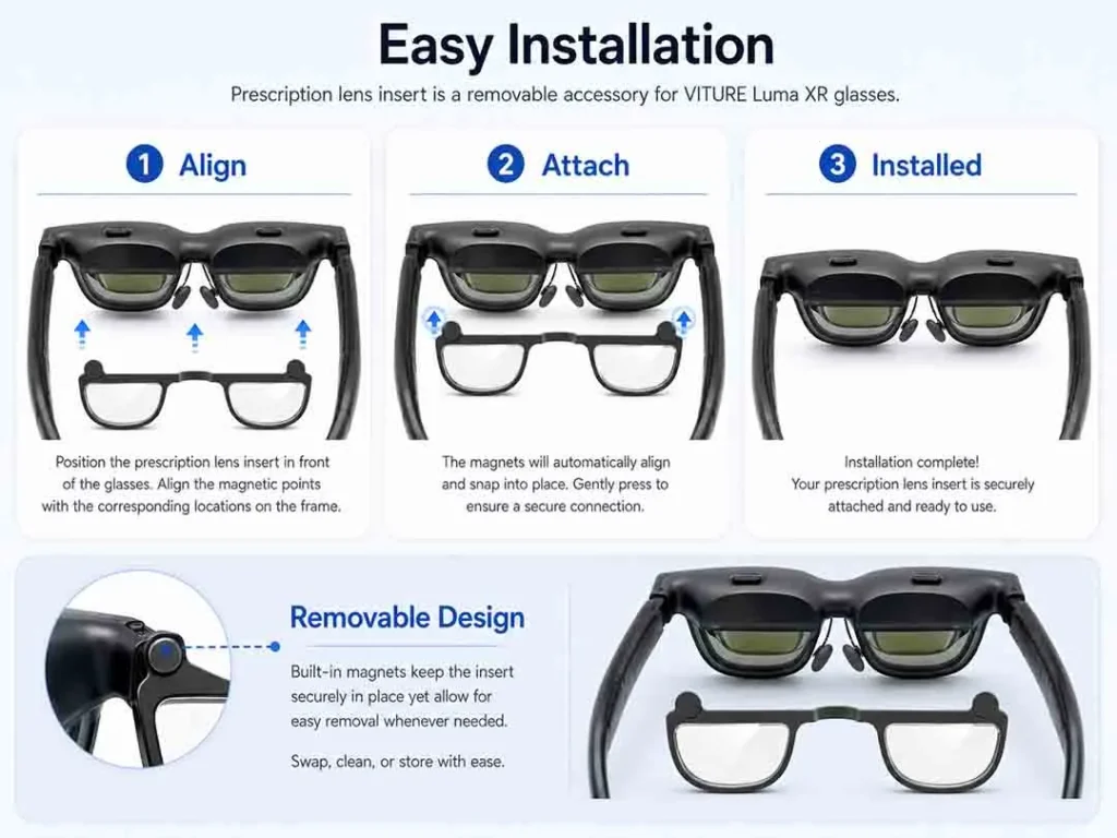 The Ultimate Guide to VITURE Luma Prescription Lenses 6 Installation process showing ANNKUTVR prescription inserts being attached to VITURE Luma glasses.
