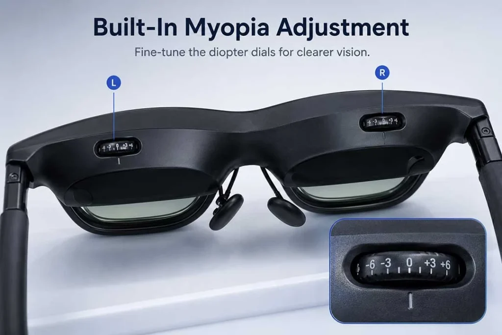The Ultimate Guide to VITURE Luma Prescription Lenses 3 Close-up view of the built-in myopia adjustment dials on VITURE Luma XR glasses.