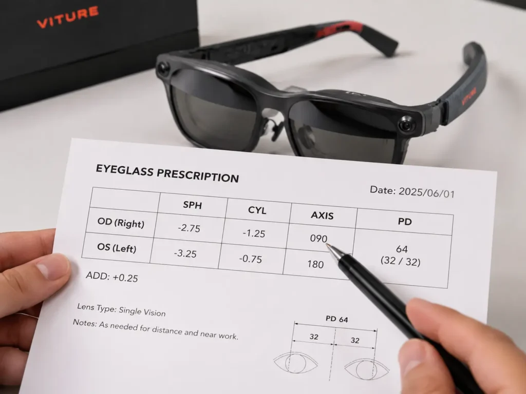 Does VITURE Luma Work With Astigmatism? What to Check First 1 VITURE Luma user checking an eyeglass prescription with SPH CYL AXIS and PD values