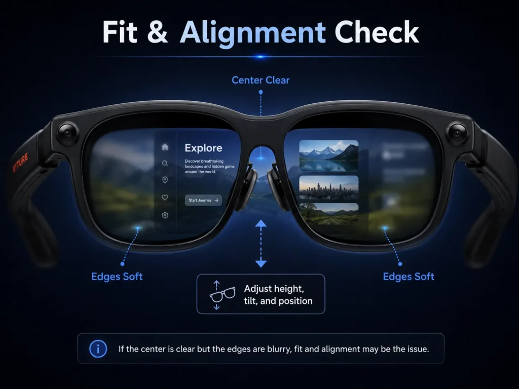 VITURE Luma PD and IPD Guide: How to Get a Clearer Fit 3 VITURE Luma fit alignment diagram showing blurry edges and clearer center text