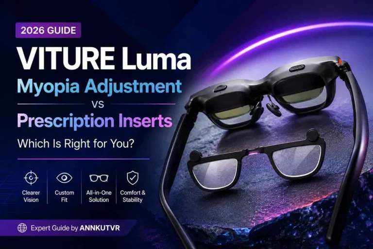 VITURE Luma Myopia Adjustment vs Prescription Inserts 3 VITURE Luma XR glasses with prescription inserts comparing built-in myopia adjustment and custom lens options.