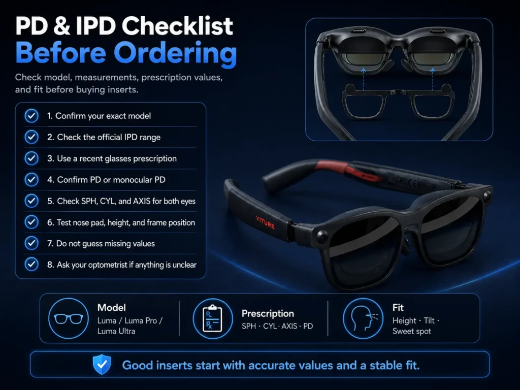 VITURE Luma PD and IPD Guide: How to Get a Clearer Fit 4 Checklist for checking PD IPD prescription and fit before ordering VITURE Luma inserts