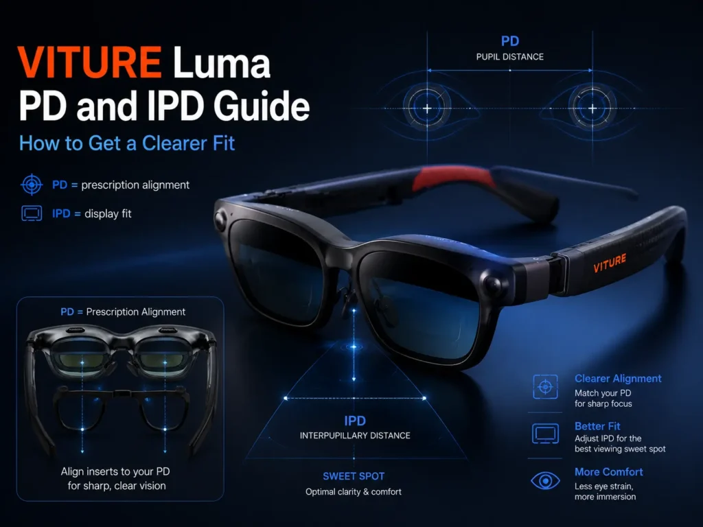 VITURE Luma PD and IPD clearer fit guide showing eye alignment and XR glasses screen clarity