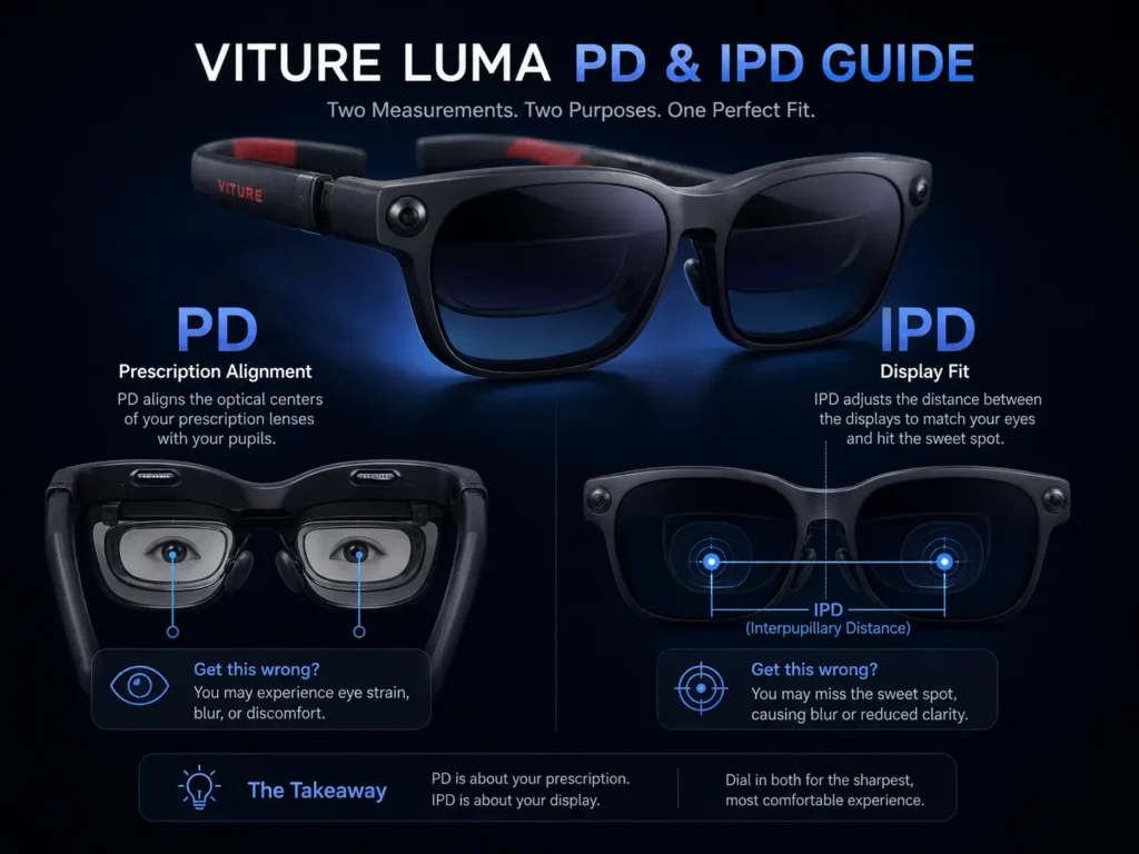 VITURE Luma PD and IPD Guide: How to Get a Clearer Fit 1 VITURE Luma PD and IPD guide showing eye alignment and XR glasses fit