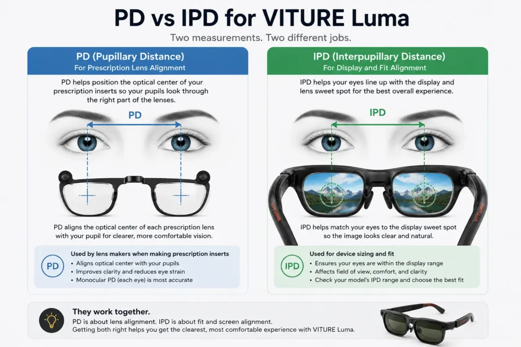 VITURE Luma PD and IPD Guide: How to Get a Clearer Fit 2 Diagram comparing PD and IPD for VITURE Luma prescription inserts and screen alignment