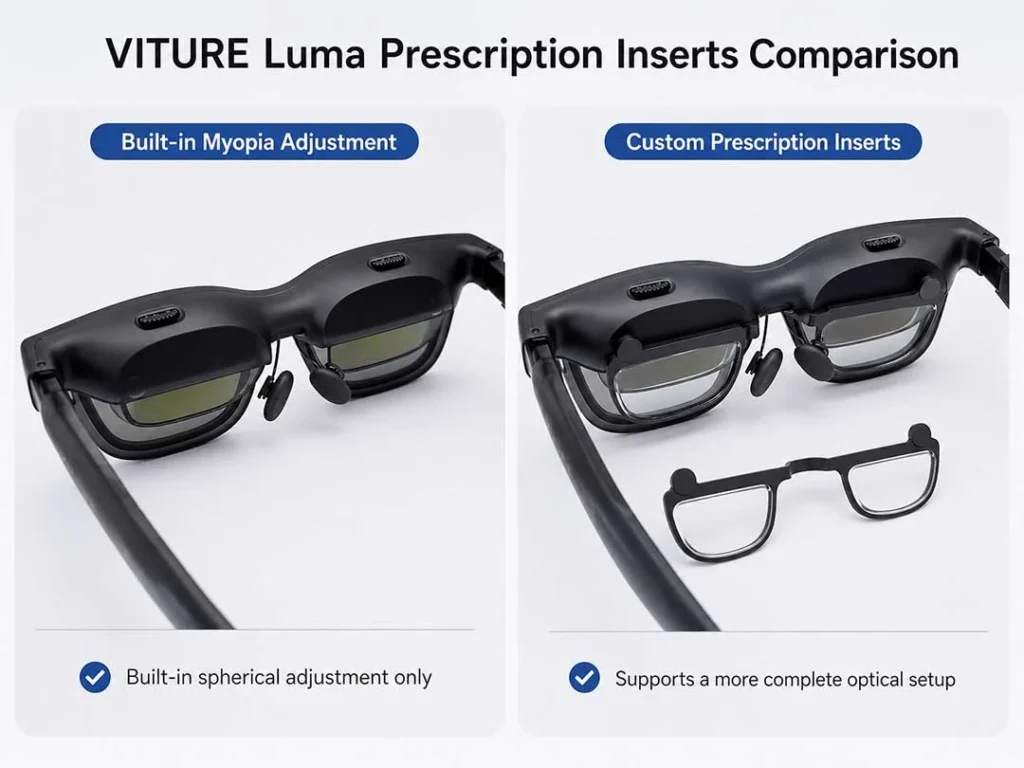 VITURE Luma Myopia Adjustment vs Prescription Inserts 2 Comparison of VITURE Luma built-in myopia adjustment and custom prescription inserts.