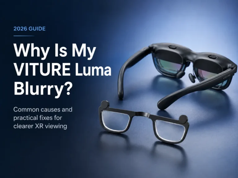 Why Is My VITURE Luma Blurry? 7 Causes and Fixes for Clearer XR Text 2 VITURE Luma XR glasses with blurry text and prescription insert troubleshooting concept.