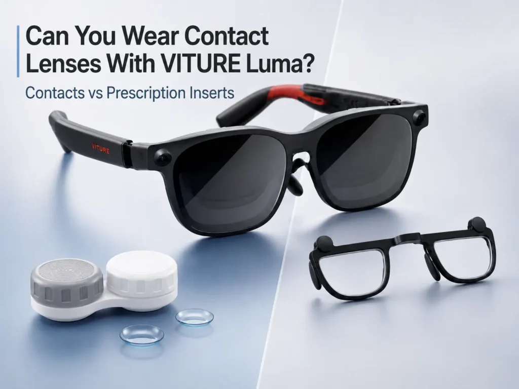 Cover image comparing contact lenses and prescription inserts for VITURE Luma users.