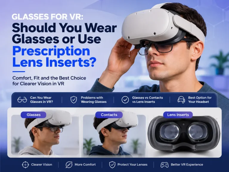 Glasses for VR compared with prescription lens inserts for a more comfortable headset fit.
