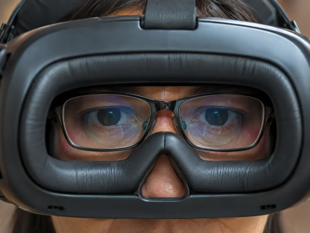 Eyeglasses sitting inside a VR headset with limited clearance between the glasses and headset lenses.