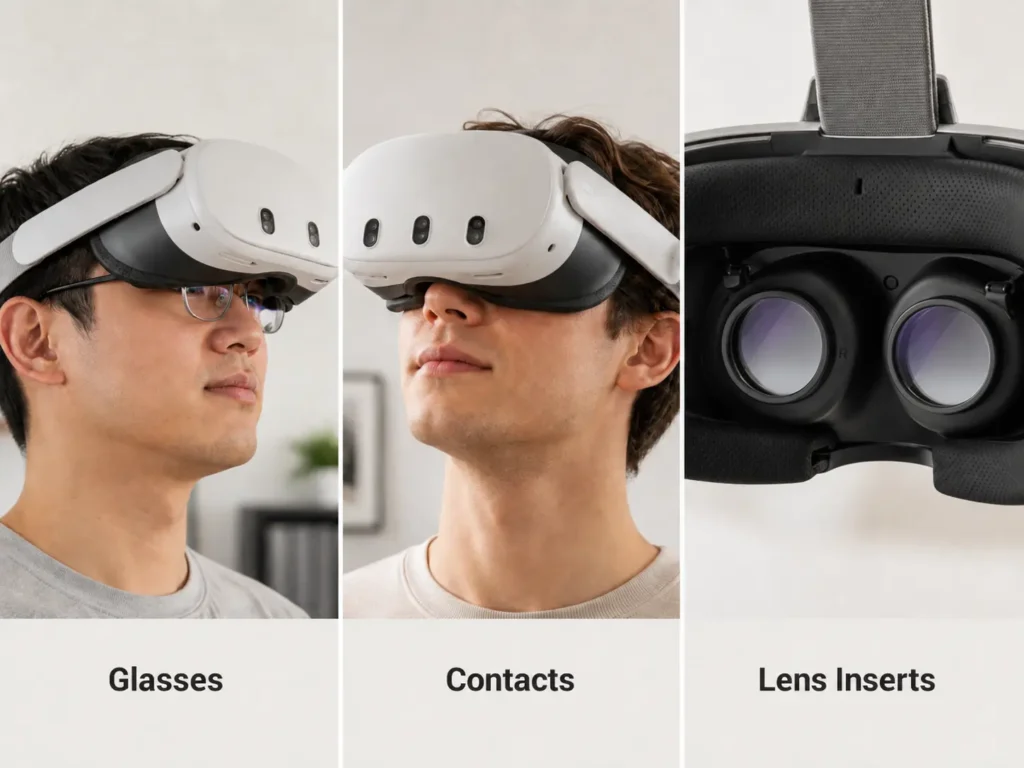Comparison of prescription glasses, contact lenses and VR prescription lens inserts for vision correction in VR.
