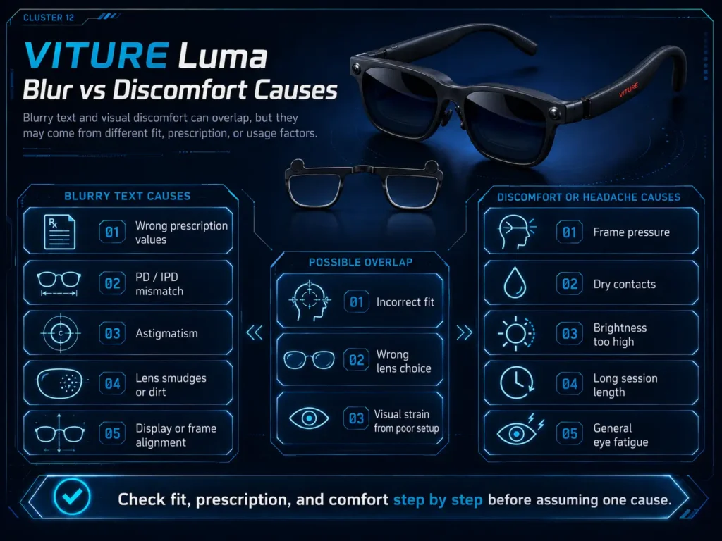 VITURE Luma Eye Strain or Headache? Vision Comfort Checks to Try First 3 Diagram separating blurry text causes from eye strain and headache causes in VITURE Luma